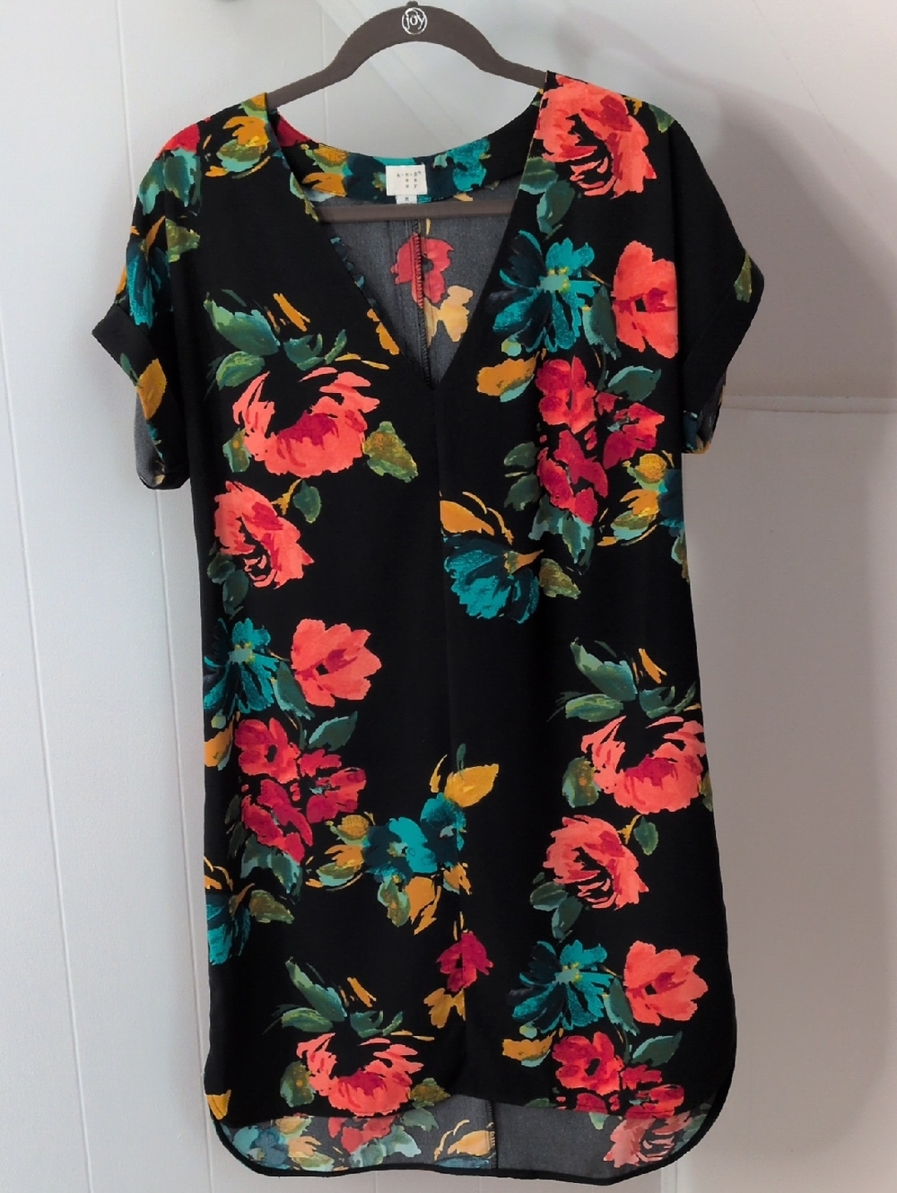 a new day Black Floral V-Neck Shift Dress with Coral, Teal & Yellow Flowers